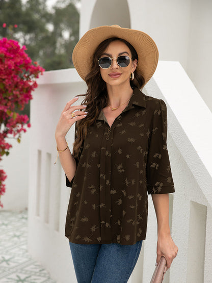T-Shirts - Button Floral Loose Sleeve T-Shirt - MsDressly