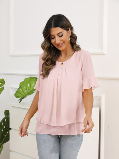 Blouses - Solid Color Round Neck Short Sleeve Pleated Chiffon Blouse - MsDressly
