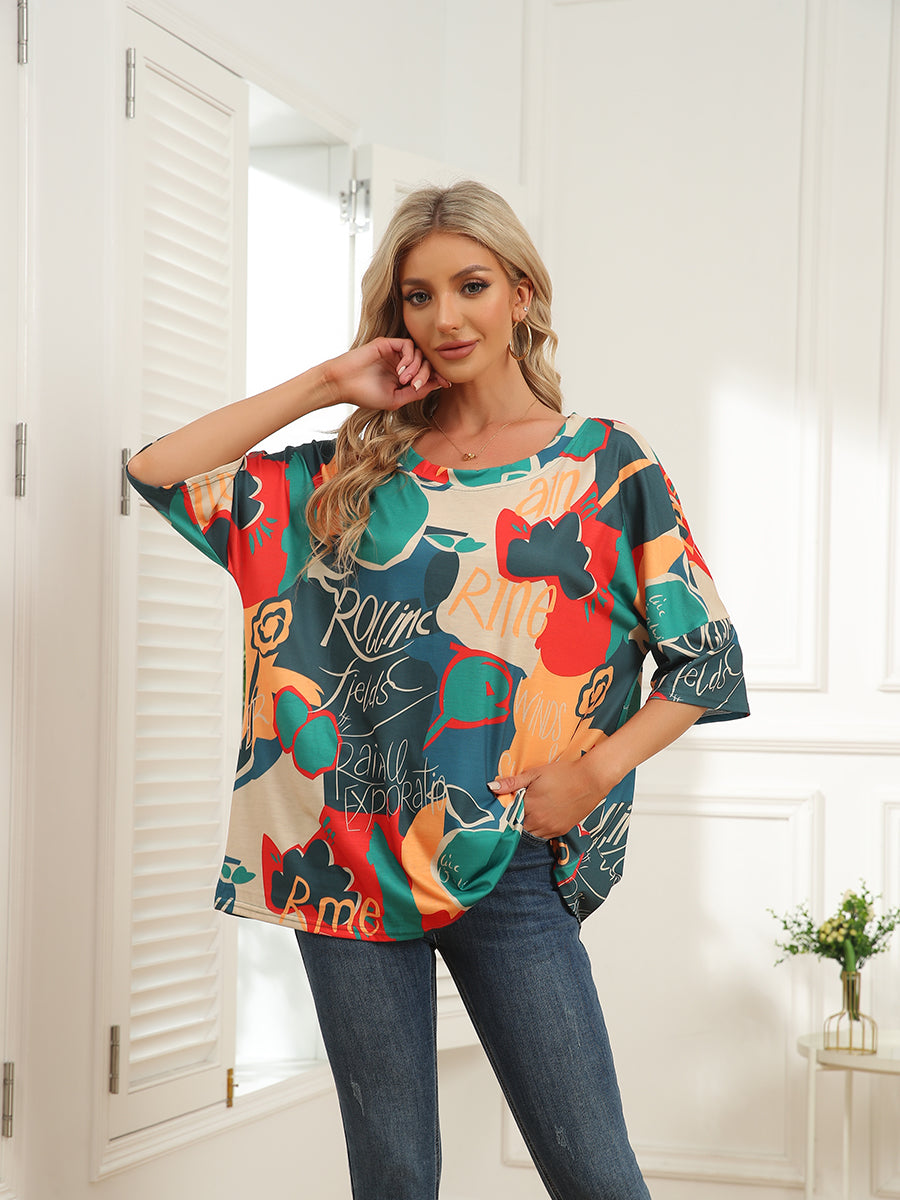 T-Shirts - Round Neck Map Print Short Sleeve T-Shirt - MsDressly