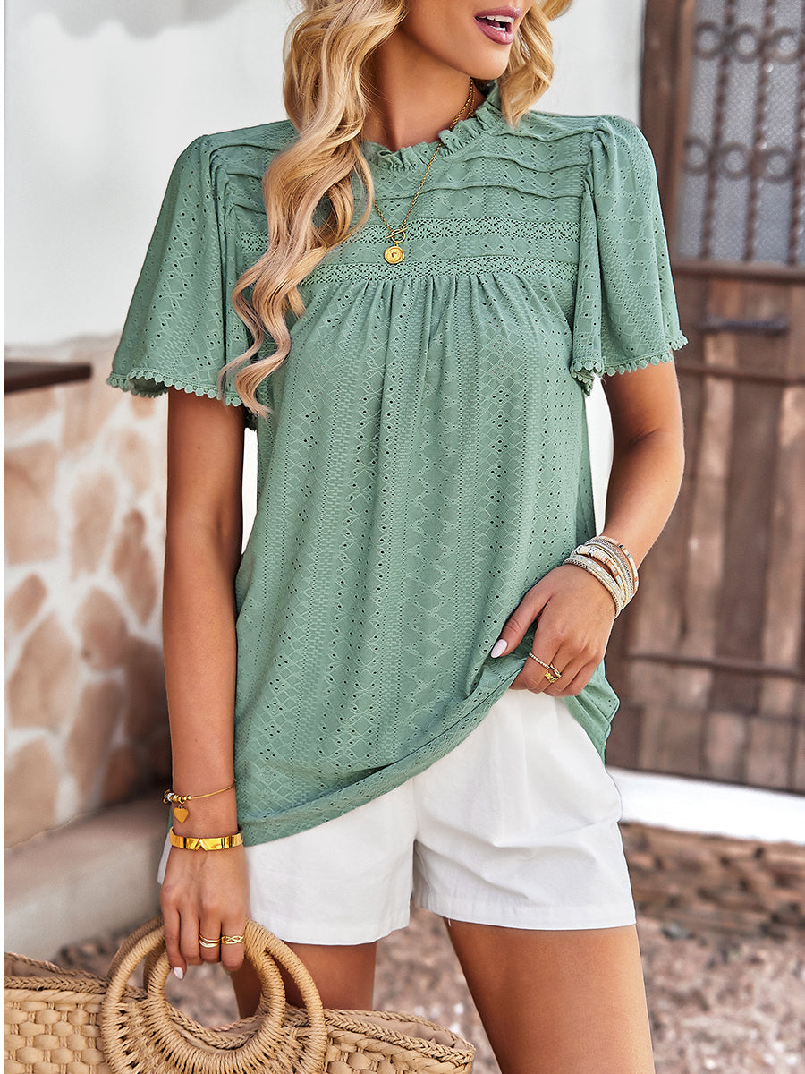 T-Shirts - Casual Solid Color Hollow Round Neck T-Shirt - MsDressly