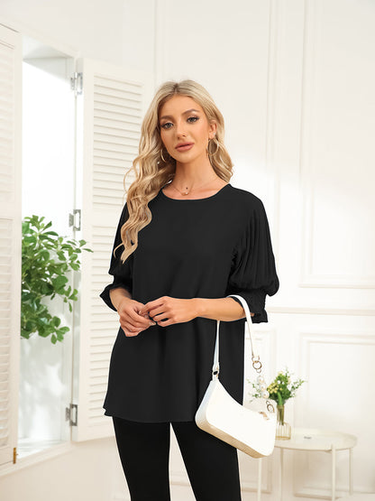 Solid Color Round Neck Ruffle Sleeve Chiffon Blouse