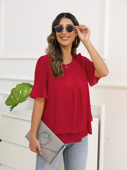 Blouses - Solid Color Round Neck Short Sleeve Pleated Chiffon Blouse - MsDressly