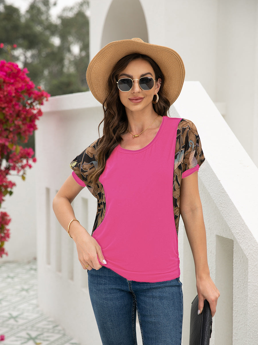 Plus T-Shirts - Size Curve T-Shirts Batwing Sleeve Round Neck Printed Stitching T-Shirt - MsDressly