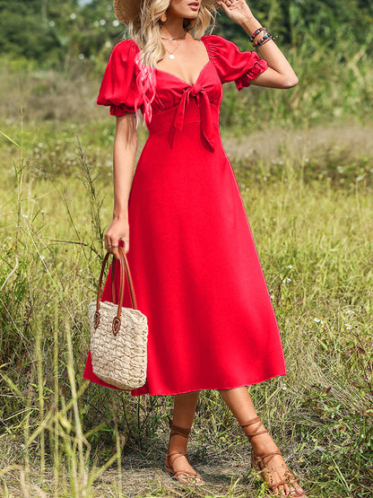 Stylish V Neck Elegant Solid Color For Versatile Puff Sleeve Midi Dress