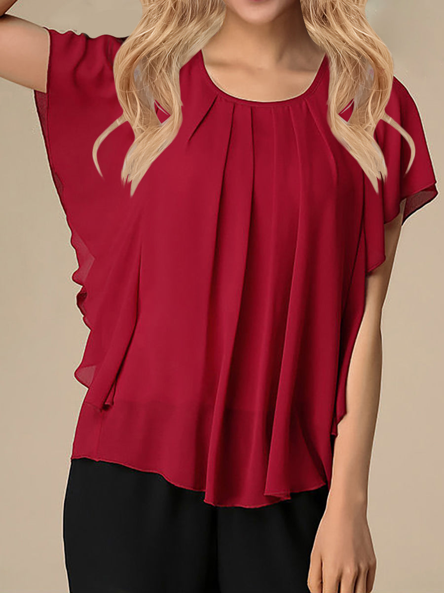 Solid Color Round Neck Short Sleeve Loose Chiffon Blouse