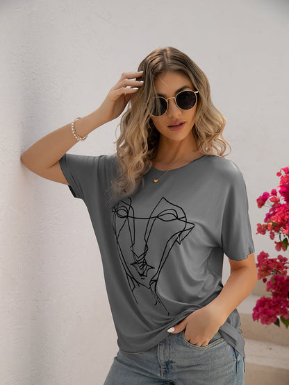 T-Shirts - Loose Printed Dolman Sleeve T-Shirt - MsDressly