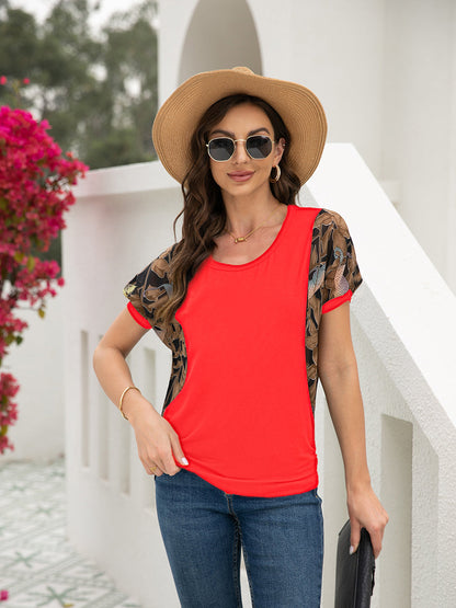 Plus T-Shirts - Size Curve T-Shirts Batwing Sleeve Round Neck Printed Stitching T-Shirt - MsDressly