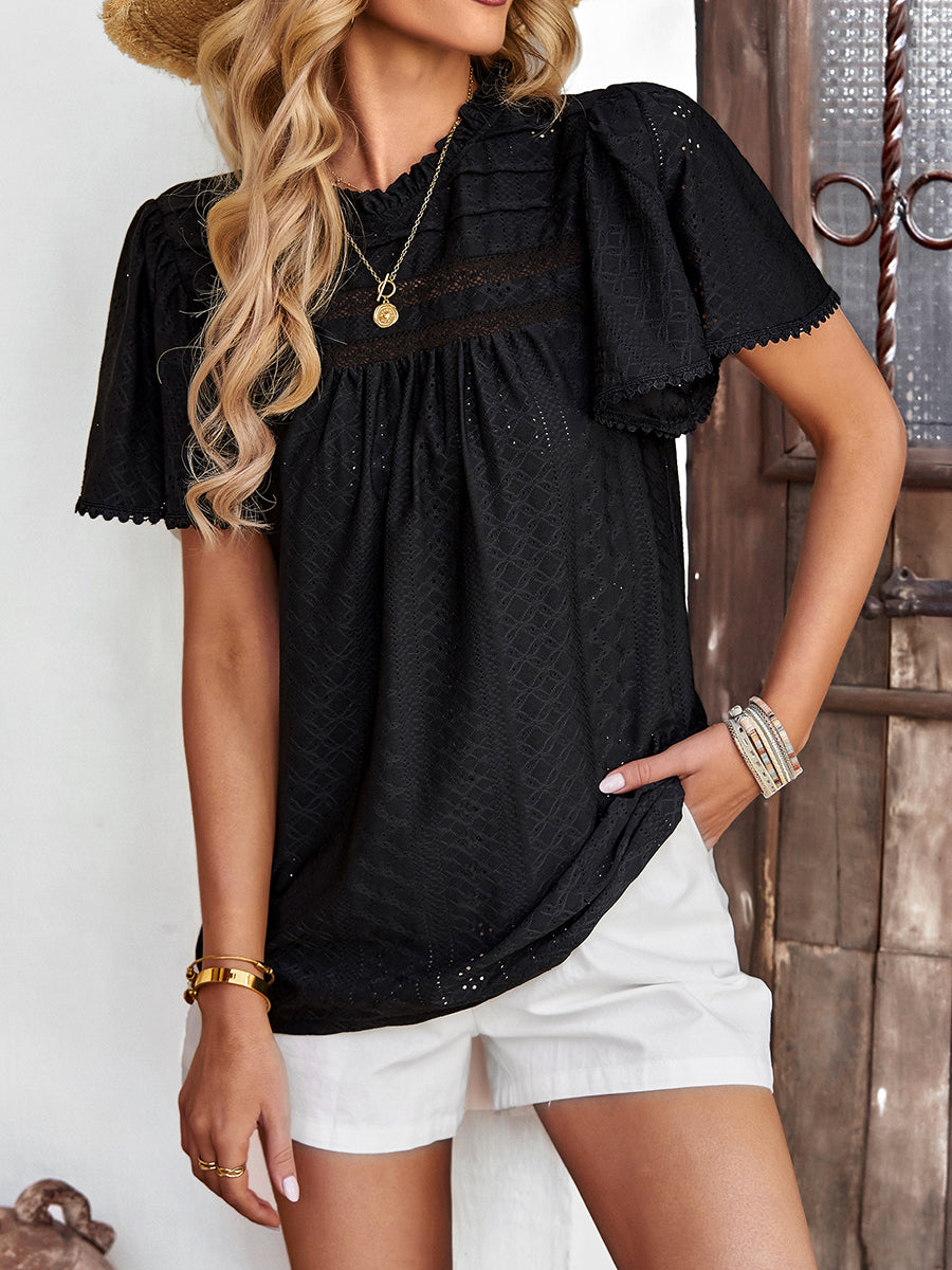 T-Shirts - Casual Solid Color Hollow Round Neck T-Shirt - MsDressly