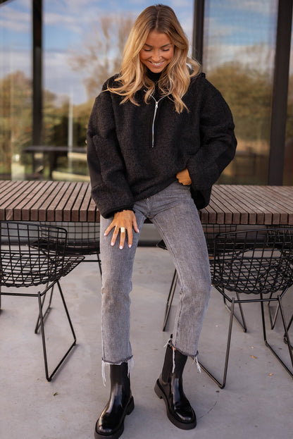 Black Woolen Blend Uneven Hem Half Zipped Pullover Baggy Hoodie