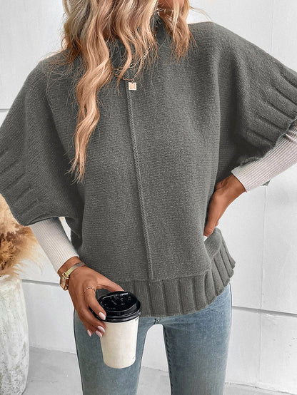 Grey Batwing Knit Sweater with Mock Neck