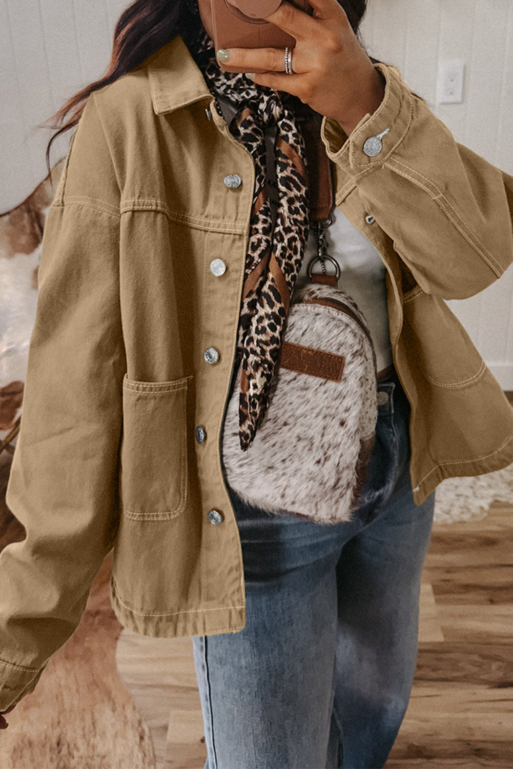 Parchment Patched Pocket Collared Button Front Boyfriend Denim Jacket