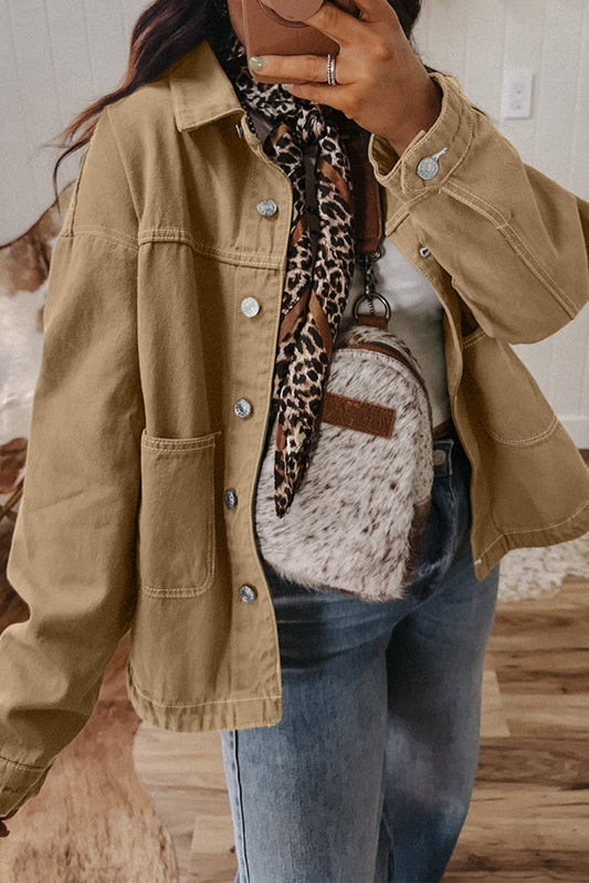 Parchment Patched Pocket Collared Button Front Boyfriend Denim Jacket