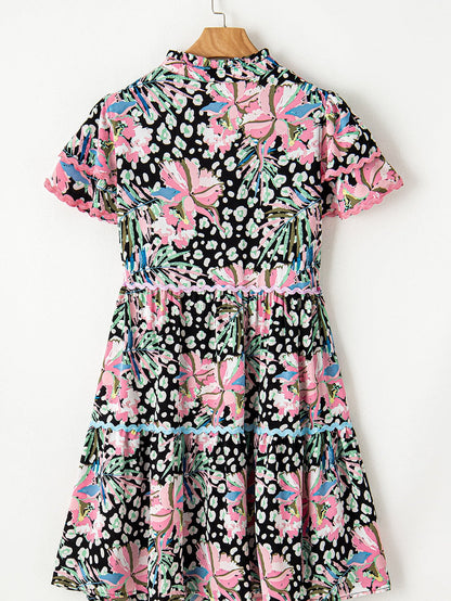 Floral Flared Dress with Multicolour Ric-rac Trim