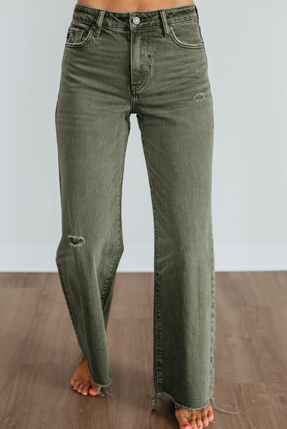 Four Leaf Clover Slight Distressed Raw Edge Wide Leg Jeans