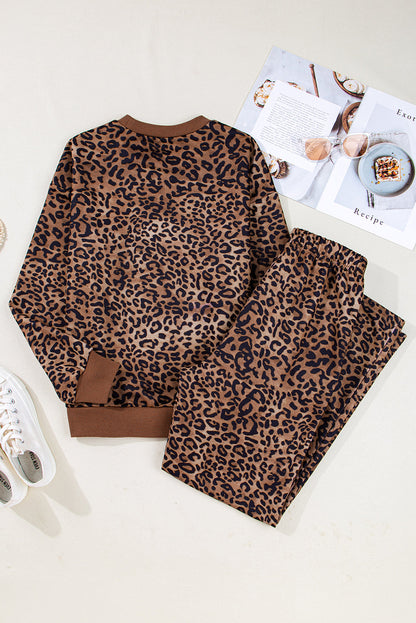 Coffee Leopard Print Contrast Trim Long Sleeve Top and Pants Set