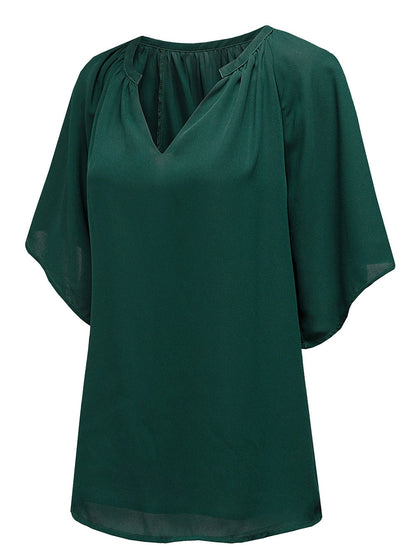 Green Split V-Neck Pleated Flutter Sleeve Blouse