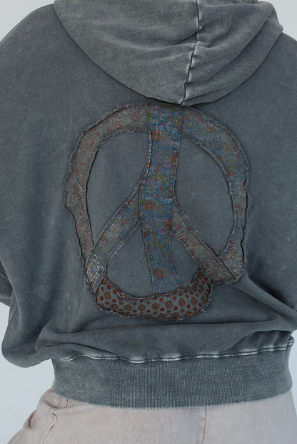 Dark Grey Mineral Wash Button Drawstring Neck Hooded Sweatshirt