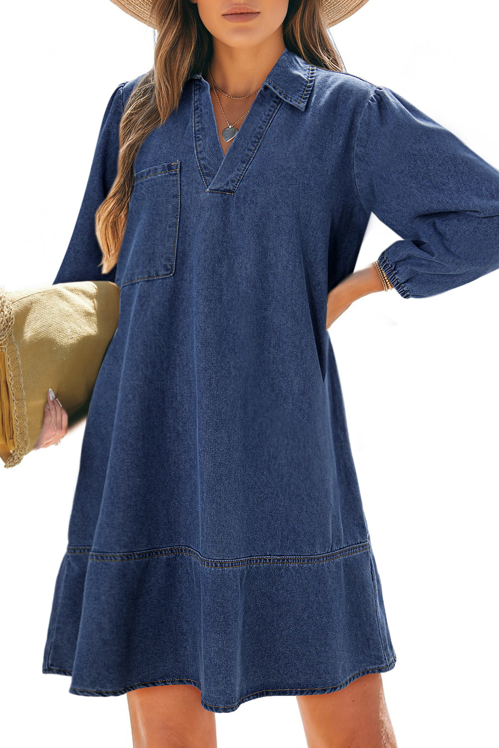 Sail Blue V Neck Collared Single Chest Pocket Long Sleeve Denim Dress