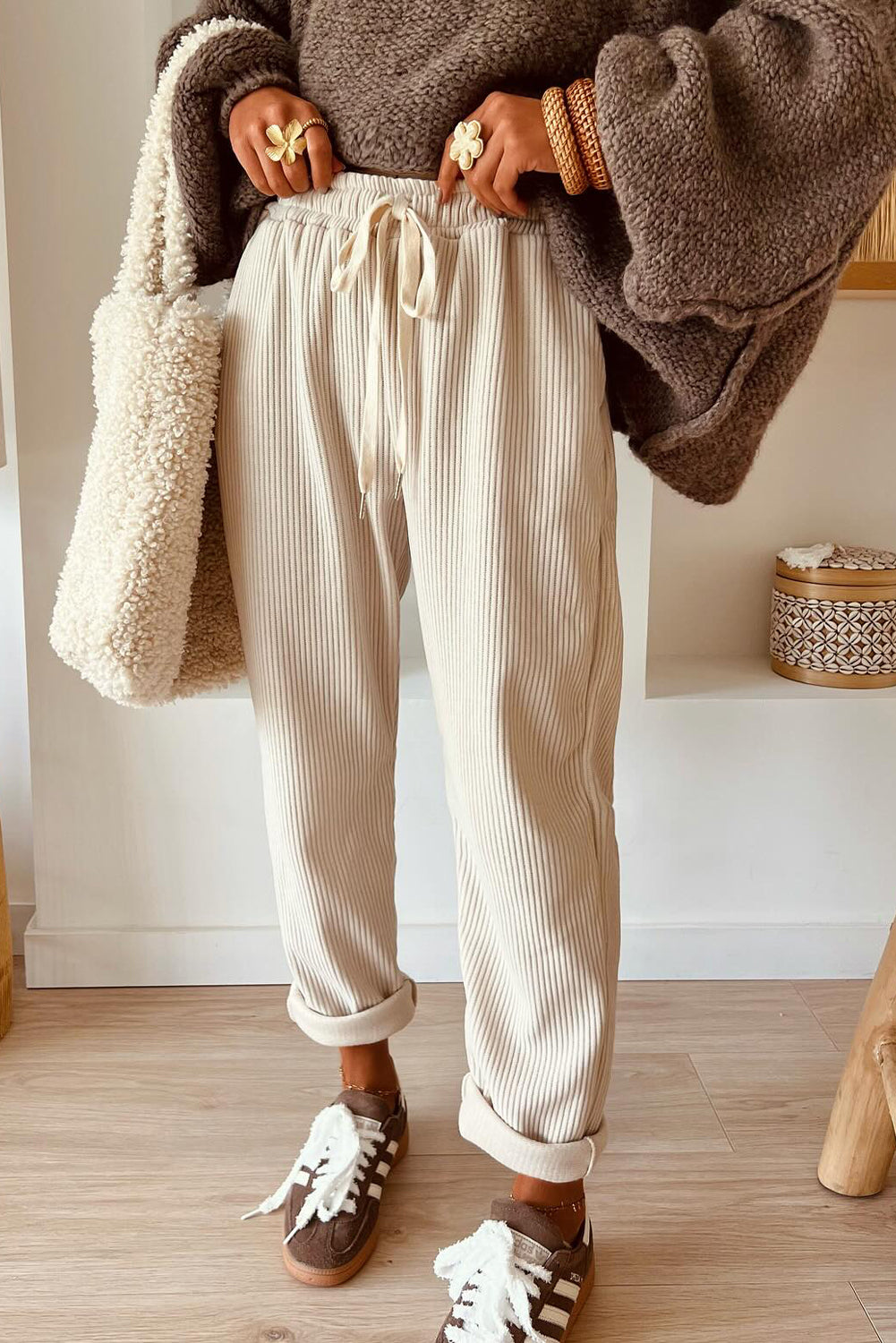Jet Stream Drawstring Elastic Waist Casual Corduroy Pants