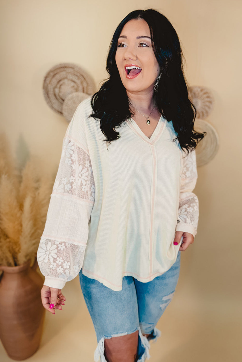 White Floral Lace Patchwork Waffle Knit Plus Size Blouse