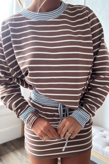 Brown Stripe Contrast Webbing Patchwork Cropped Long Sleeve Top Drawstring Mini Skirt Set