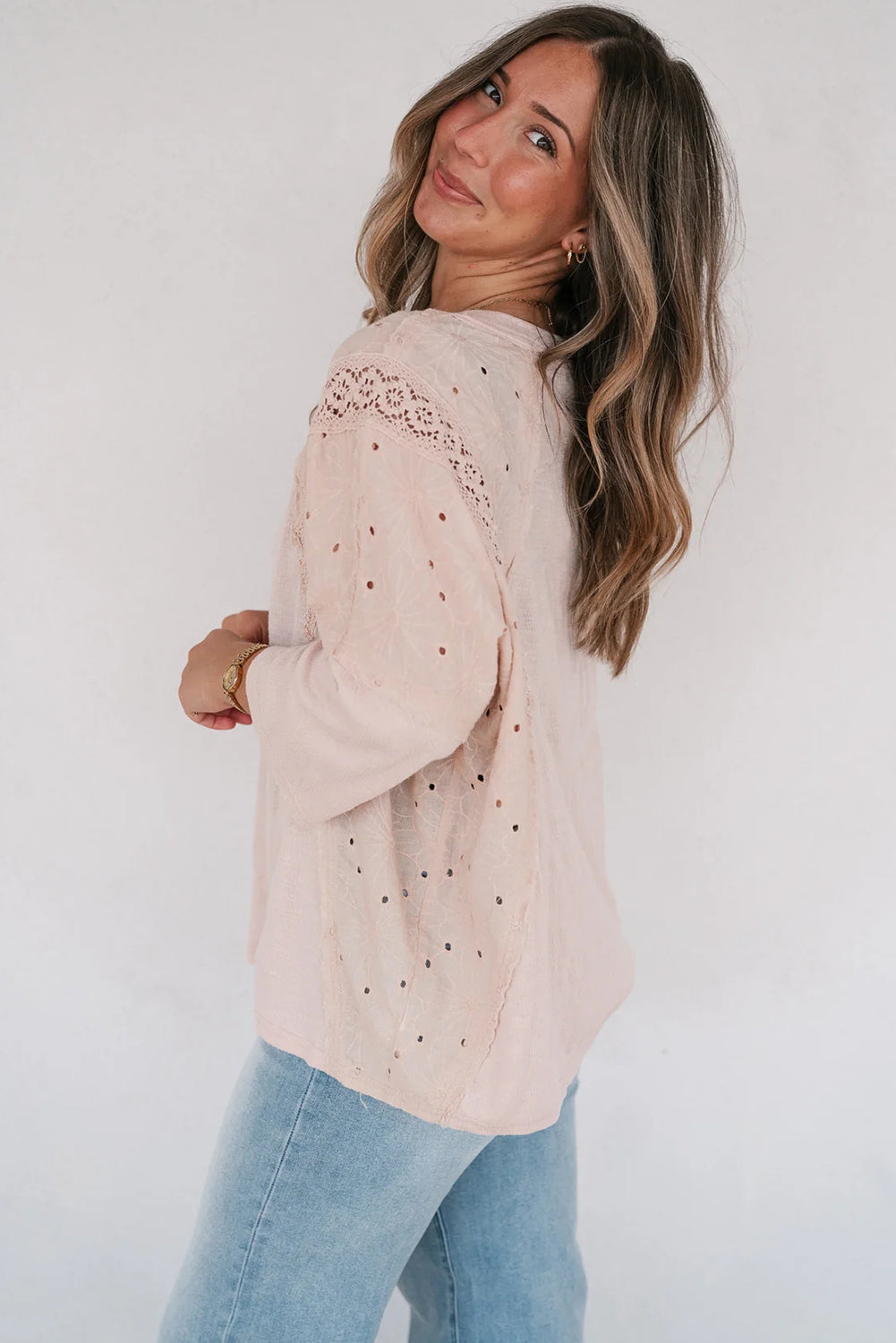 Apricot Pink Floral Lace Eyelet Patchwork Bracelet Sleeve T Shirt