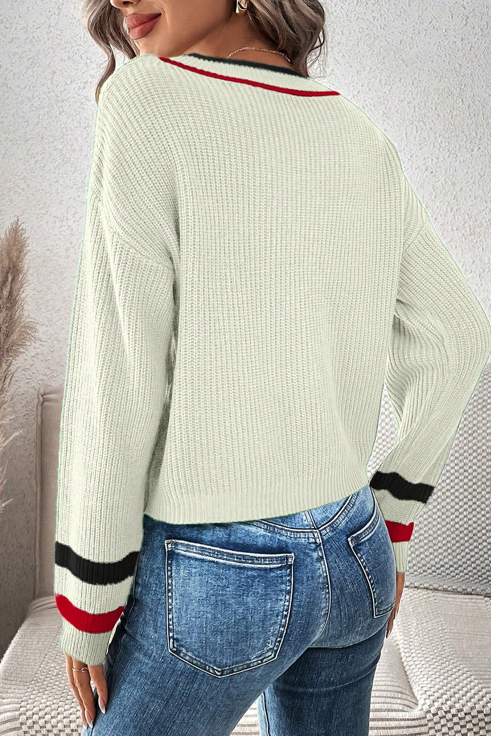 Beige Contrast Striped Trim V Neck Drop Shoulder Sweater