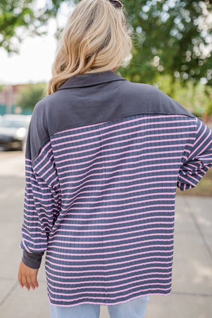 Gray Stripe Ribbed Texture Contrast Polo Collar Long Sleeve Top