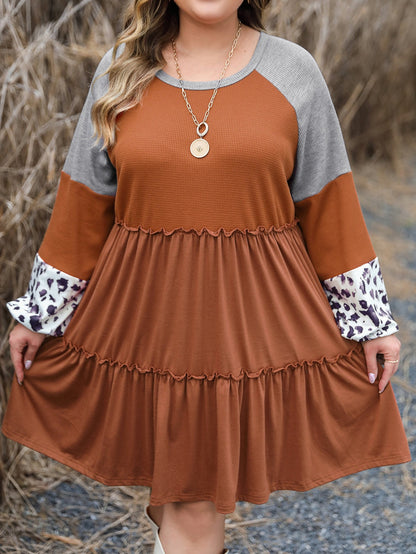 Gold Flame Plus Size Waffle Leopard Long Sleeve Ruffle Mini Dress