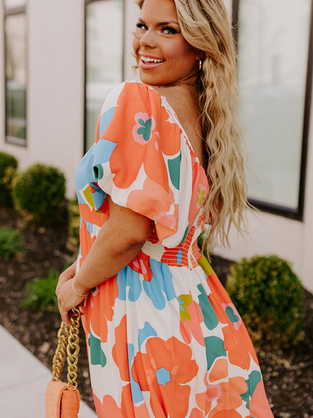 Floral Bliss Plus Size Orange Maxi Dress with Square Neck