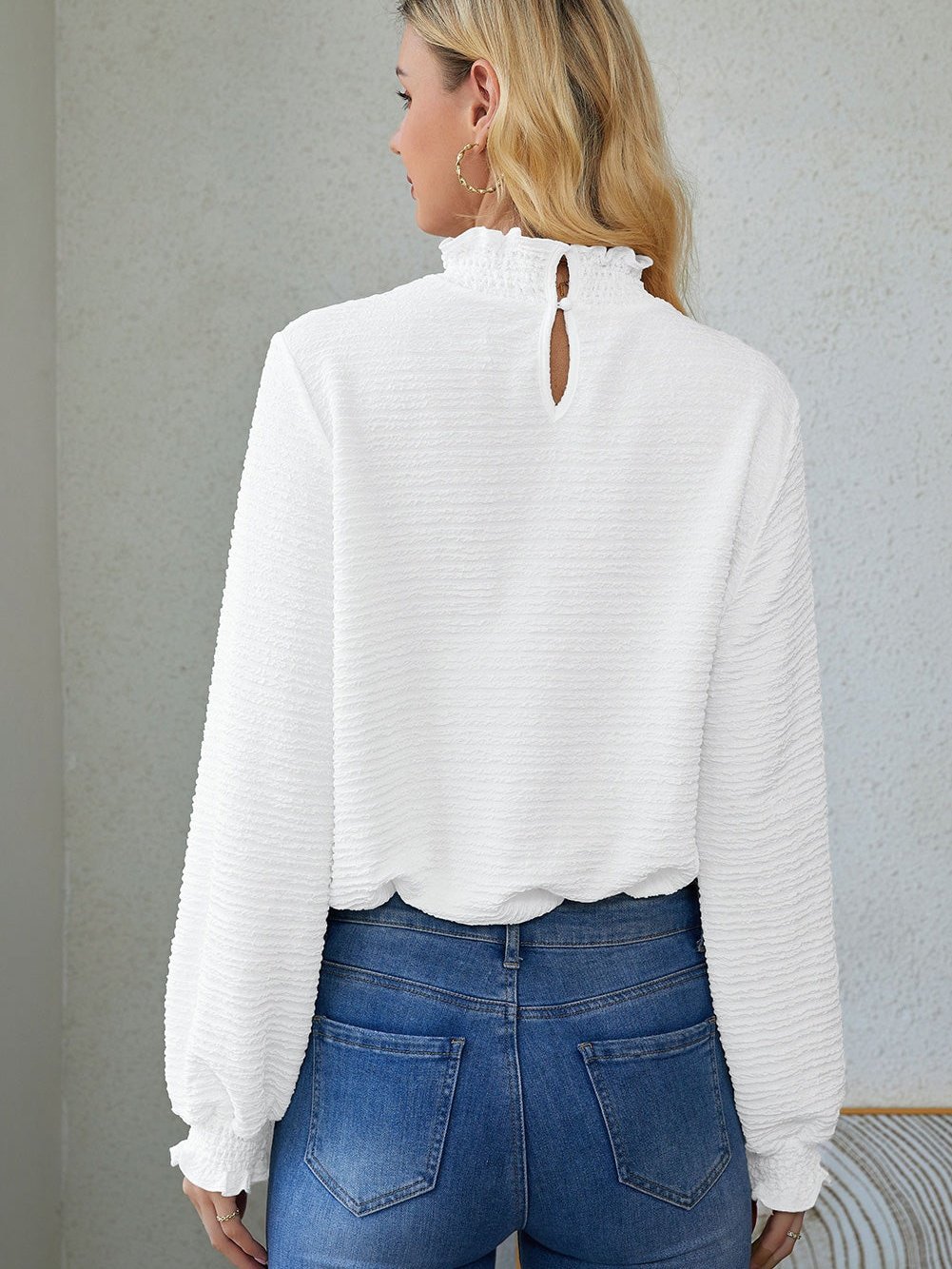 Elegant Textured White Lantern Sleeve Blouse with Smocked High Neck