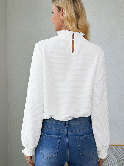 Elegant Textured White Lantern Sleeve Blouse with Smocked High Neck