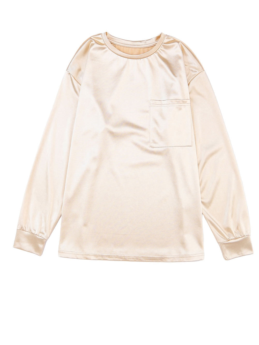 Glittery Apricot Satin Long Sleeve Top with Chest Pocket