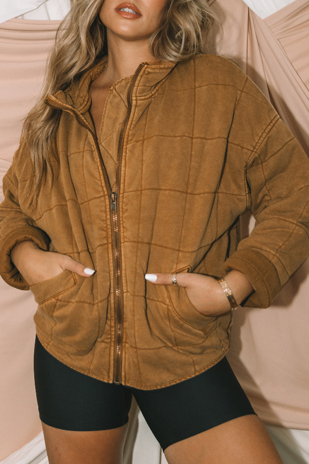 Chestnut Winter Quilted Zip Up Pocketed Jacket