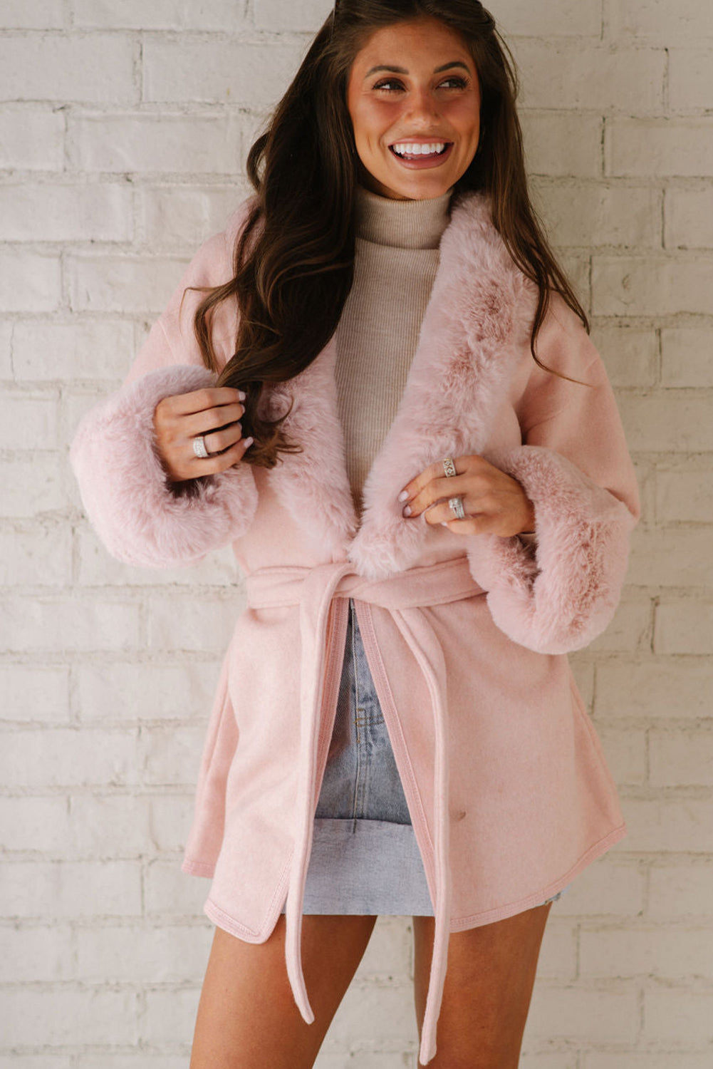 Delicacy Plus Collar Cuff Patchwork Open Front Belted Overcoat