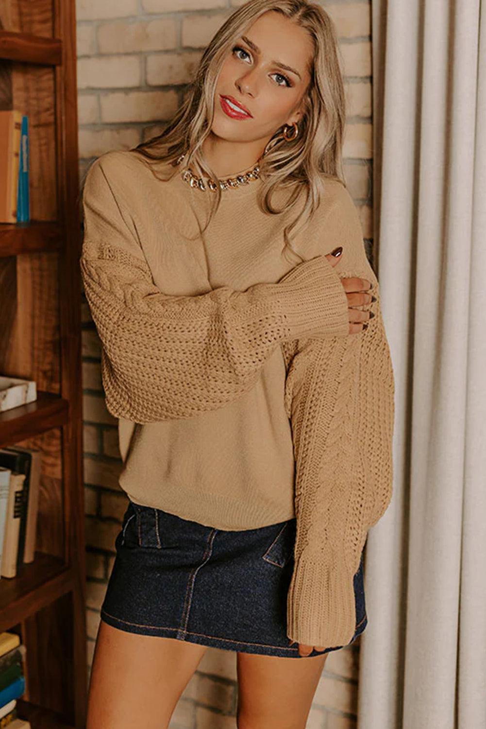 Camel Cable Knit Textured Patchwork Sleeve Slouchy Sweater