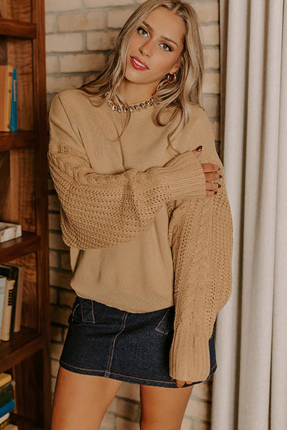 Camel Cable Knit Textured Patchwork Sleeve Slouchy Sweater