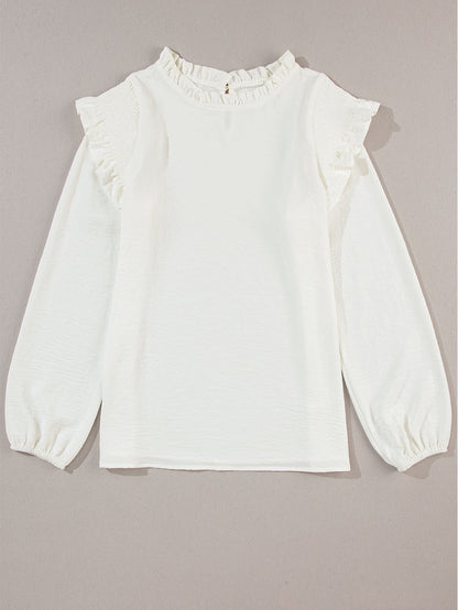 Elegant White Bubble Sleeve Ruffle Blouse