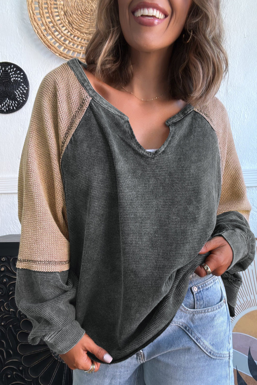 Dark Grey Color Block Exposed Seam Patchwork Mineral Wash Loose Sweatshirt
