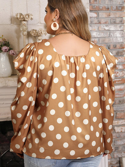 Khaki Polka Dot Ruched Neckline Puff Sleeve Blouse for Curvy Fashionistas