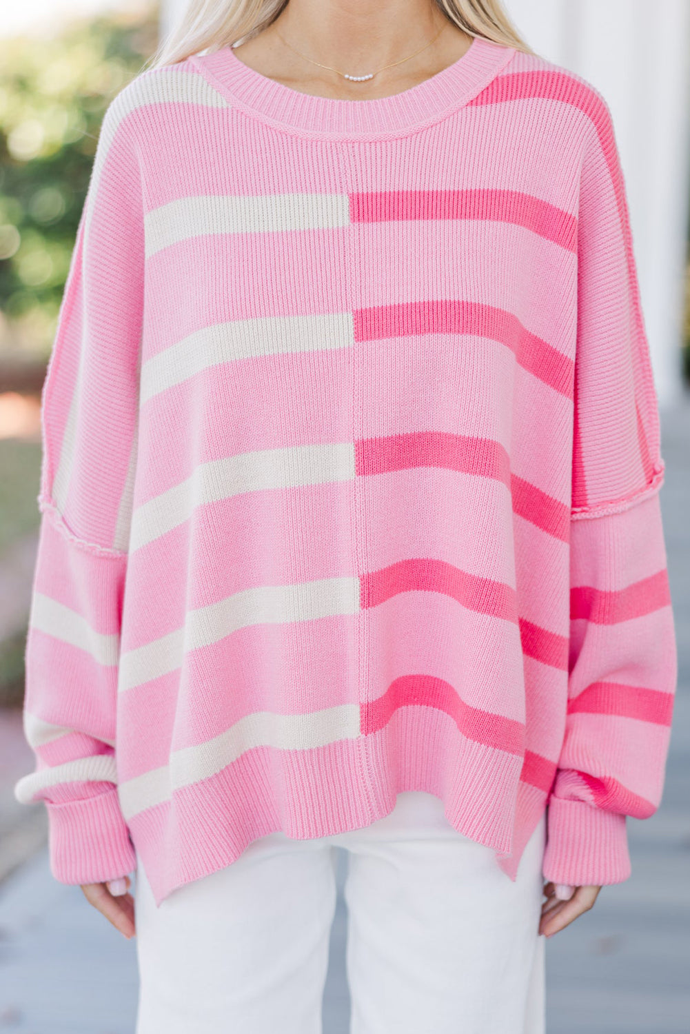 Pink Stripe Round Neck Ribbed Knit Exposed Seam Oversize Sweater
