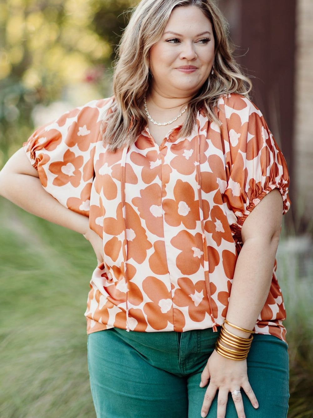 Orange Floral Print Plus Size V Neck Short Sleeve Blouse with Drawstring
