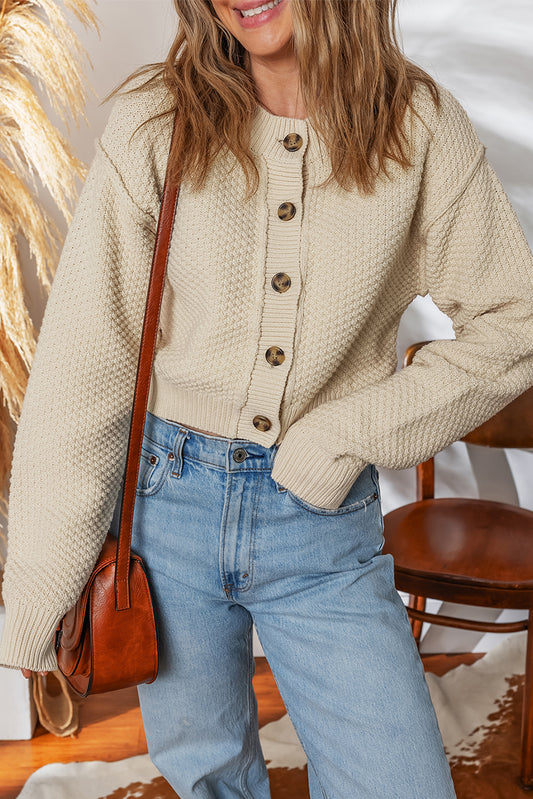 Beige Button Front Cropped Cardigan Sweater