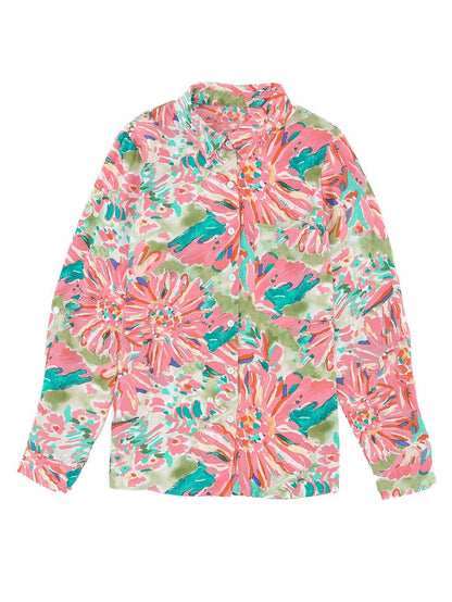 Green Abstract Floral Print Collared Sheath Blouse with Long Sleeves