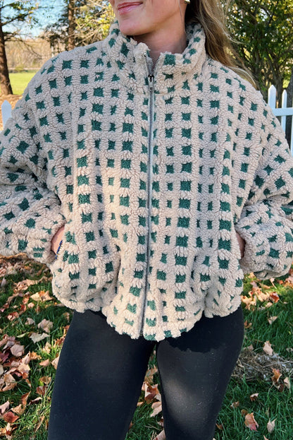 Green Plush Plaid Zip Up Cozy Winter Coat