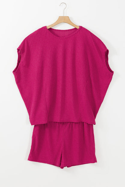 Rose Red Textured Plus Size Dolman Sleeve Top and Shorts Set