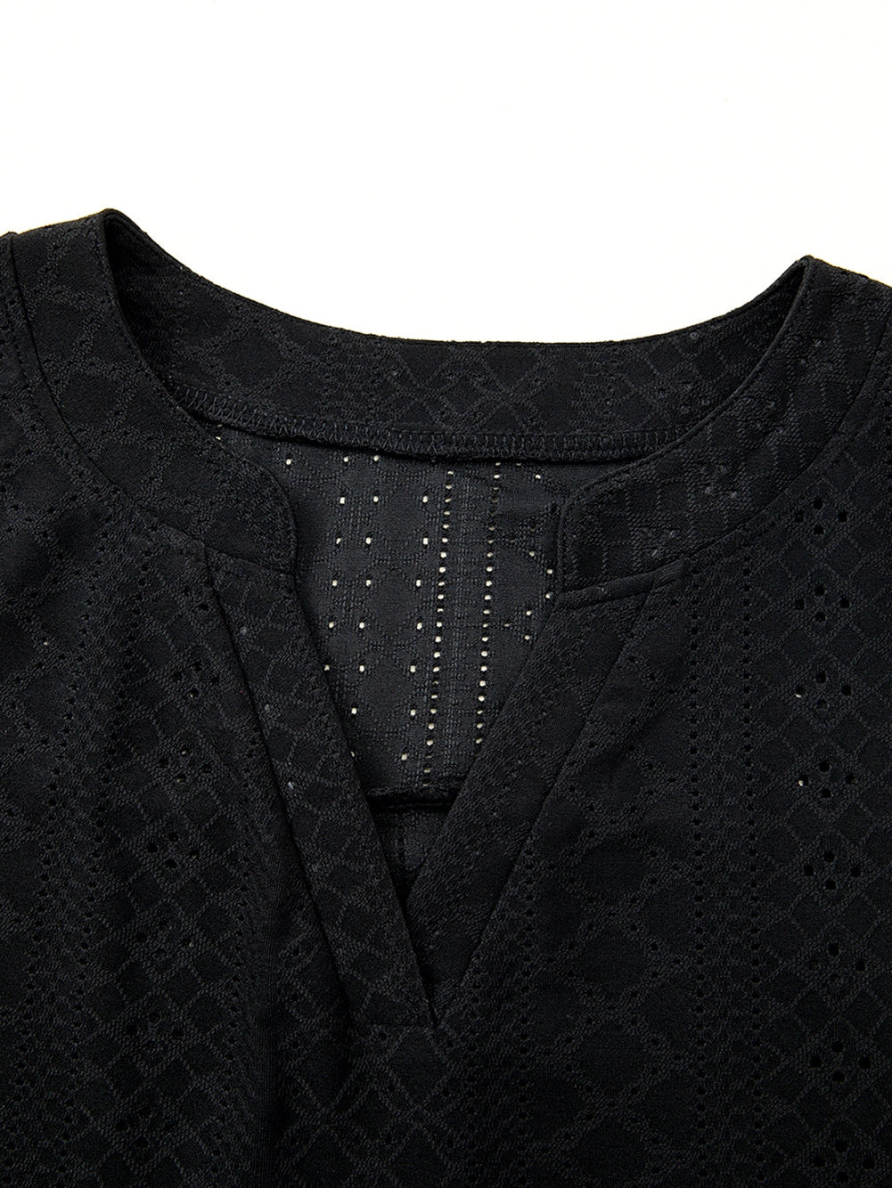 Black Eyelet Jacquard Split Neck Flounce Sleeve Plus Size Blouse