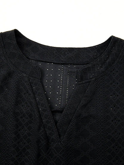 Black Eyelet Jacquard Split Neck Flounce Sleeve Plus Size Blouse