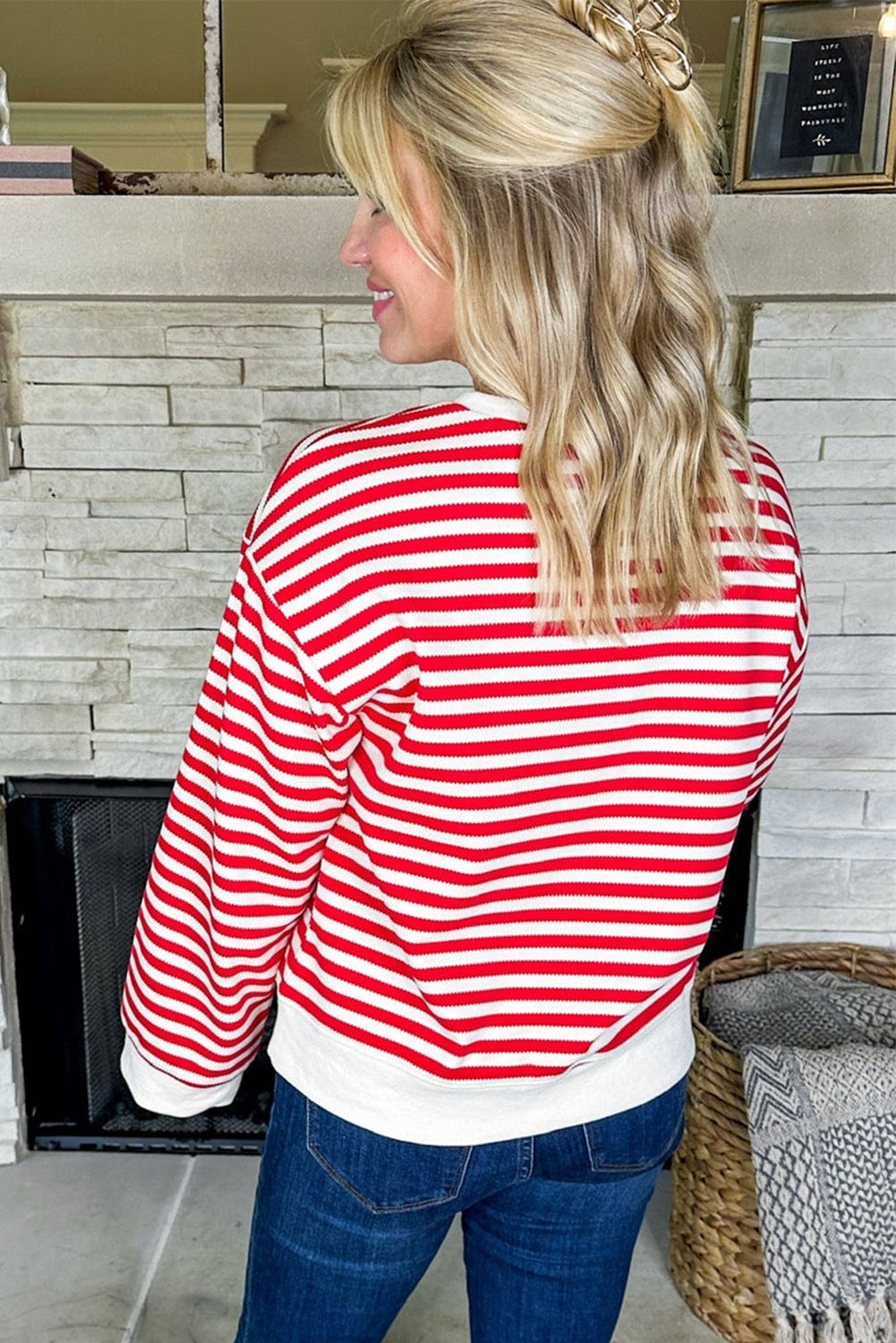 Red Stripe Satin Ribbon Bow Detail Drop Shoulder Sweatshirt