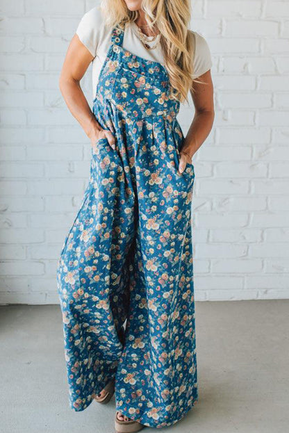 Blue Vintage Rose Printed Pleated Loose Denim Overall Jumpsuit